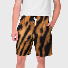 Мужские шорты 3D с принтом шкура тигра коричневая ,  полиэстер 100% | прямой крой, два кармана без застежек по бокам. Мягкая трикотажная резинка на поясе, внутри которой широкие завязки. Длина чуть выше колен | 