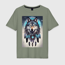 Мужская футболка хлопок Oversize с принтом шаман волк , 100% хлопок | свободный крой, круглый ворот, “спинка” длиннее передней части | 