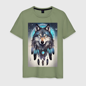 Мужская футболка хлопок с принтом шаман волк , 100% хлопок | прямой крой, круглый вырез горловины, длина до линии бедер, слегка спущенное плечо. | 