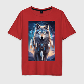 Мужская футболка хлопок Oversize с принтом шаман волк в Курске, 100% хлопок | свободный крой, круглый ворот, “спинка” длиннее передней части | 