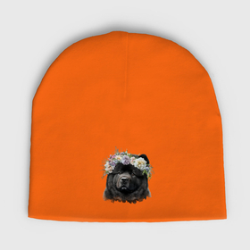 Мужская шапка демисезонная с принтом Чау чау черный с венком из цветов в Кировске,  |  | Тематика изображения на принте: 