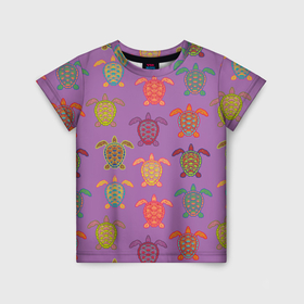 Детская футболка 3D с принтом разноцветные морские черепахи в Санкт-Петербурге, 100% гипоаллергенный полиэфир | прямой крой, круглый вырез горловины, длина до линии бедер, чуть спущенное плечо, ткань немного тянется | 