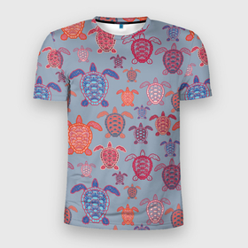 Мужская футболка 3D Slim с принтом Цветные морские черепахи на сером фоне в Петрозаводске, 100% полиэстер с улучшенными характеристиками | приталенный силуэт, круглая горловина, широкие плечи, сужается к линии бедра | 