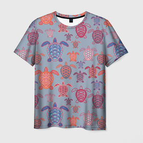 Мужская футболка 3D с принтом Цветные морские черепахи на сером фоне в Екатеринбурге, 100% полиэфир | прямой крой, круглый вырез горловины, длина до линии бедер | 