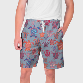 Мужские шорты 3D с принтом Цветные морские черепахи на сером фоне в Санкт-Петербурге,  полиэстер 100% | прямой крой, два кармана без застежек по бокам. Мягкая трикотажная резинка на поясе, внутри которой широкие завязки. Длина чуть выше колен | 