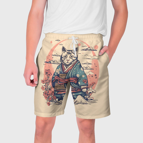 Мужские шорты 3D с принтом Кот самурай в Новосибирске,  полиэстер 100% | прямой крой, два кармана без застежек по бокам. Мягкая трикотажная резинка на поясе, внутри которой широкие завязки. Длина чуть выше колен | Тематика изображения на принте: 