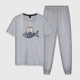 Мужская пижама хлопок с принтом Белый котенок и рыбка в Новосибирске, 100% хлопок | брюки и футболка прямого кроя, без карманов, на брюках мягкая резинка на поясе и по низу штанин
 | 