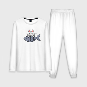 Мужская пижама с лонгсливом хлопок с принтом Белый котенок и рыбка в Петрозаводске,  |  | 