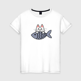 Женская футболка хлопок с принтом Белый котенок и рыбка в Петрозаводске, 100% хлопок | прямой крой, круглый вырез горловины, длина до линии бедер, слегка спущенное плечо | Тематика изображения на принте: 