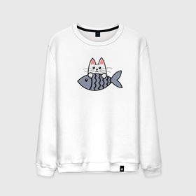 Мужской свитшот хлопок с принтом Белый котенок и рыбка в Петрозаводске, 100% хлопок |  | Тематика изображения на принте: 
