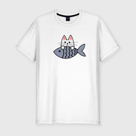 Мужская футболка хлопок Slim с принтом Белый котенок и рыбка в Новосибирске, 92% хлопок, 8% лайкра | приталенный силуэт, круглый вырез ворота, длина до линии бедра, короткий рукав | 