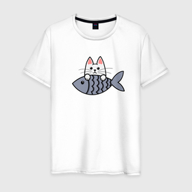 Мужская футболка хлопок с принтом Белый котенок и рыбка в Новосибирске, 100% хлопок | прямой крой, круглый вырез горловины, длина до линии бедер, слегка спущенное плечо. | 