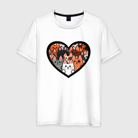 Мужская футболка хлопок с принтом Котики в сердце в Тюмени, 100% хлопок | прямой крой, круглый вырез горловины, длина до линии бедер, слегка спущенное плечо. | 