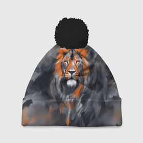 Шапка 3D c помпоном с принтом Огненная голова льва , 100% полиэстер | универсальный размер, печать по всей поверхности изделия | 