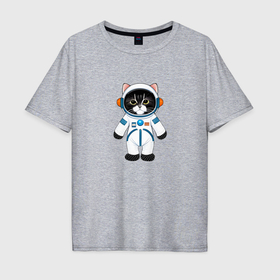 Мужская футболка хлопок Oversize с принтом Черный кот космонавт в Екатеринбурге, 100% хлопок | свободный крой, круглый ворот, “спинка” длиннее передней части | 