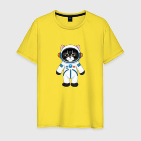 Мужская футболка хлопок с принтом Черный кот космонавт в Новосибирске, 100% хлопок | прямой крой, круглый вырез горловины, длина до линии бедер, слегка спущенное плечо. | Тематика изображения на принте: 