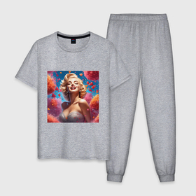 Мужская пижама хлопок с принтом Портрет Мэрилин Монро от нейросети , 100% хлопок | брюки и футболка прямого кроя, без карманов, на брюках мягкая резинка на поясе и по низу штанин
 | 