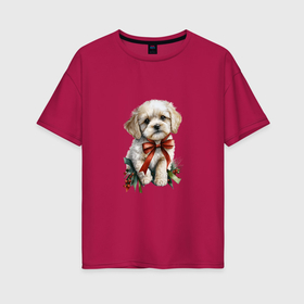 Женская футболка хлопок Oversize с принтом Новогодний щенок ши тцу в Курске, 100% хлопок | свободный крой, круглый ворот, спущенный рукав, длина до линии бедер
 | 