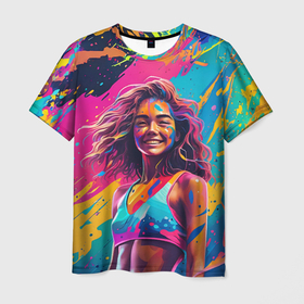 Мужская футболка 3D с принтом Девушка в буйстве красок в Екатеринбурге, 100% полиэфир | прямой крой, круглый вырез горловины, длина до линии бедер | 