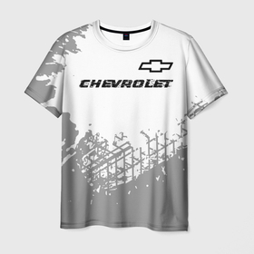 Мужская футболка 3D с принтом Chevrolet speed на светлом фоне со следами шин: символ сверху , 100% полиэфир | прямой крой, круглый вырез горловины, длина до линии бедер | Тематика изображения на принте: 