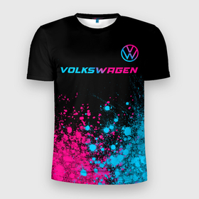 Мужская футболка 3D Slim с принтом Volkswagen   neon gradient: символ сверху в Санкт-Петербурге, 100% полиэстер с улучшенными характеристиками | приталенный силуэт, круглая горловина, широкие плечи, сужается к линии бедра | Тематика изображения на принте: 