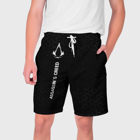Мужские шорты 3D с принтом Assassins Creed glitch на темном фоне: по вертикали в Новосибирске,  полиэстер 100% | прямой крой, два кармана без застежек по бокам. Мягкая трикотажная резинка на поясе, внутри которой широкие завязки. Длина чуть выше колен | 