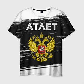 Мужская футболка 3D с принтом Атлет из России и герб РФ в Петрозаводске, 100% полиэфир | прямой крой, круглый вырез горловины, длина до линии бедер | 