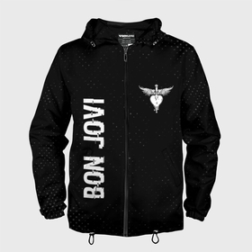 Мужская ветровка 3D с принтом Bon Jovi glitch на темном фоне: надпись, символ в Петрозаводске, 100% полиэстер | подол и капюшон оформлены резинкой с фиксаторами, два кармана без застежек по бокам, один потайной карман на груди | 