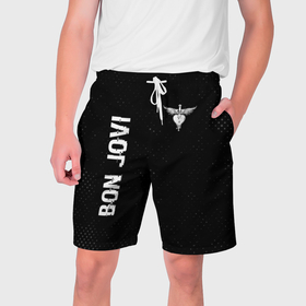 Мужские шорты 3D с принтом Bon Jovi glitch на темном фоне: надпись, символ в Кировске,  полиэстер 100% | прямой крой, два кармана без застежек по бокам. Мягкая трикотажная резинка на поясе, внутри которой широкие завязки. Длина чуть выше колен | 