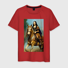 Мужская футболка хлопок с принтом Мона Лиза верхом на коне в Екатеринбурге, 100% хлопок | прямой крой, круглый вырез горловины, длина до линии бедер, слегка спущенное плечо. | 
