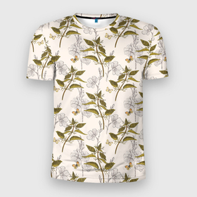 Мужская футболка 3D Slim с принтом Крапива и цветы льна в Белгороде, 100% полиэстер с улучшенными характеристиками | приталенный силуэт, круглая горловина, широкие плечи, сужается к линии бедра | 