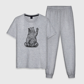Мужская пижама хлопок с принтом Медведь машет лапой в Санкт-Петербурге, 100% хлопок | брюки и футболка прямого кроя, без карманов, на брюках мягкая резинка на поясе и по низу штанин
 | 