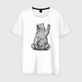 Мужская футболка хлопок с принтом Медведь машет лапой в Санкт-Петербурге, 100% хлопок | прямой крой, круглый вырез горловины, длина до линии бедер, слегка спущенное плечо. | 