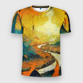 Мужская футболка 3D Slim с принтом Осенний пейзаж импрессионизм в Тюмени, 100% полиэстер с улучшенными характеристиками | приталенный силуэт, круглая горловина, широкие плечи, сужается к линии бедра | 