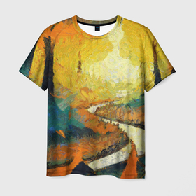 Мужская футболка 3D с принтом Осенний пейзаж импрессионизм в Тюмени, 100% полиэфир | прямой крой, круглый вырез горловины, длина до линии бедер | 