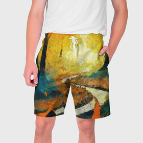 Мужские шорты 3D с принтом Осенний пейзаж импрессионизм в Тюмени,  полиэстер 100% | прямой крой, два кармана без застежек по бокам. Мягкая трикотажная резинка на поясе, внутри которой широкие завязки. Длина чуть выше колен | 