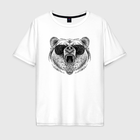 Мужская футболка хлопок Oversize с принтом Голова медведя рычащего в очках в Екатеринбурге, 100% хлопок | свободный крой, круглый ворот, “спинка” длиннее передней части | Тематика изображения на принте: 