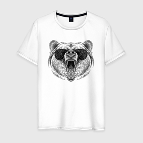 Мужская футболка хлопок с принтом Голова медведя рычащего в очках в Курске, 100% хлопок | прямой крой, круглый вырез горловины, длина до линии бедер, слегка спущенное плечо. | 