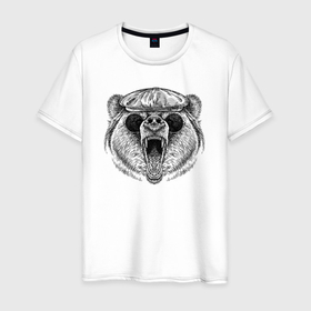 Мужская футболка хлопок с принтом Медведь в кепке и очках в Тюмени, 100% хлопок | прямой крой, круглый вырез горловины, длина до линии бедер, слегка спущенное плечо. | Тематика изображения на принте: 