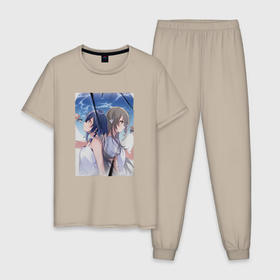 Мужская пижама хлопок с принтом Miyazawa and Misakino   Shiroi Suna no Aquatope в Кировске, 100% хлопок | брюки и футболка прямого кроя, без карманов, на брюках мягкая резинка на поясе и по низу штанин
 | 