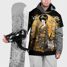 Накидка на куртку 3D с принтом Японская гейша с кошкой в Белгороде, 100% полиэстер |  | Тематика изображения на принте: 