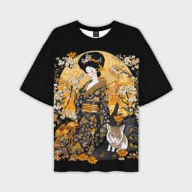 Мужская футболка oversize 3D с принтом Японская гейша с кошкой в Петрозаводске,  |  | 