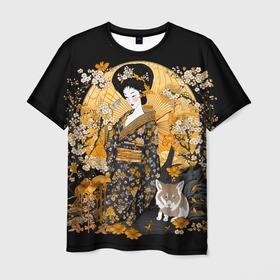 Мужская футболка 3D с принтом Японская гейша с кошкой в Петрозаводске, 100% полиэфир | прямой крой, круглый вырез горловины, длина до линии бедер | 