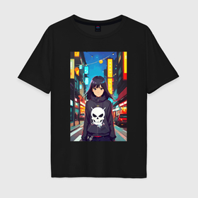 Мужская футболка хлопок Oversize с принтом Крутая девчонка в ночном городе   аниме в Тюмени, 100% хлопок | свободный крой, круглый ворот, “спинка” длиннее передней части | 