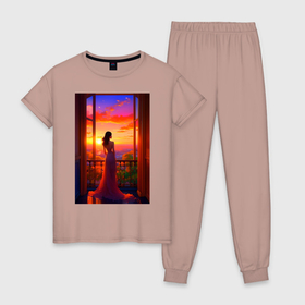 Женская пижама хлопок с принтом Прекрасный вид от нейросети в Тюмени, 100% хлопок | брюки и футболка прямого кроя, без карманов, на брюках мягкая резинка на поясе и по низу штанин | 