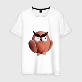 Мужская футболка хлопок с принтом Сердитая сова с круглыми глазами в Курске, 100% хлопок | прямой крой, круглый вырез горловины, длина до линии бедер, слегка спущенное плечо. | 