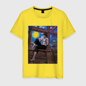 Мужская футболка хлопок с принтом Берсерк под небом Ван Гога в Петрозаводске, 100% хлопок | прямой крой, круглый вырез горловины, длина до линии бедер, слегка спущенное плечо. | 