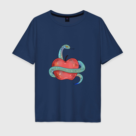 Мужская футболка хлопок Oversize с принтом Змея с яблоком в Петрозаводске, 100% хлопок | свободный крой, круглый ворот, “спинка” длиннее передней части | Тематика изображения на принте: 
