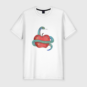 Мужская футболка хлопок Slim с принтом Змея с яблоком в Тюмени, 92% хлопок, 8% лайкра | приталенный силуэт, круглый вырез ворота, длина до линии бедра, короткий рукав | Тематика изображения на принте: 