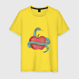 Мужская футболка хлопок с принтом Змея с яблоком в Тюмени, 100% хлопок | прямой крой, круглый вырез горловины, длина до линии бедер, слегка спущенное плечо. | 